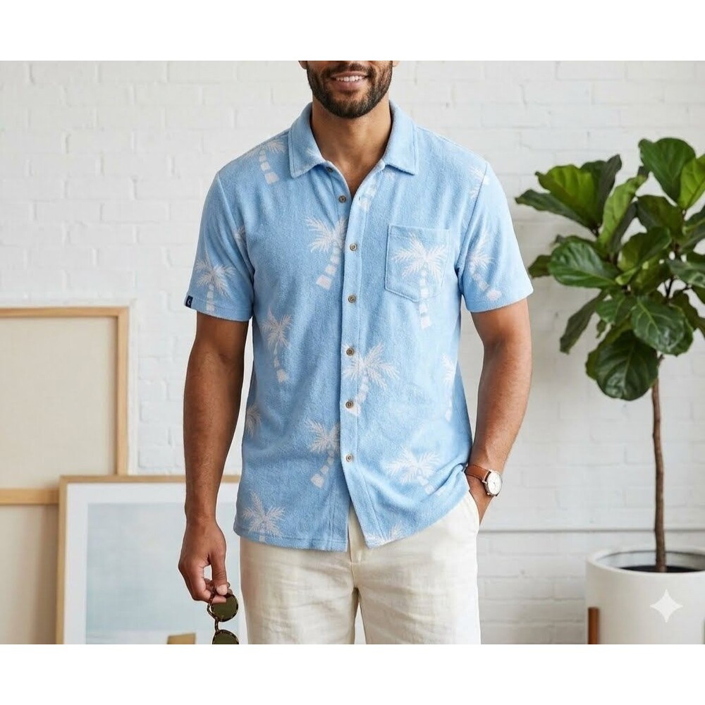 Criquet Terrycloth Palm Tree Print Buttondown Men's Shirt Short Sleeve M 290900